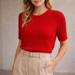 Vintage Pendleton Red Cable Knit Short Sleeve Cotton Sweater – Size LP